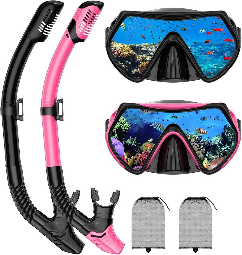 Jwintee Snorkeling Gear for Adults, Adult Snorkel Mask Set Scuba Diving Dry-Top, Swimming Goggles w/Nose Cover, HD Tempered Glass Panoramic Anti-Leak Anti-Fog, Travel Snorkeling Packages Storage Bag, 2 Pack - Image 1